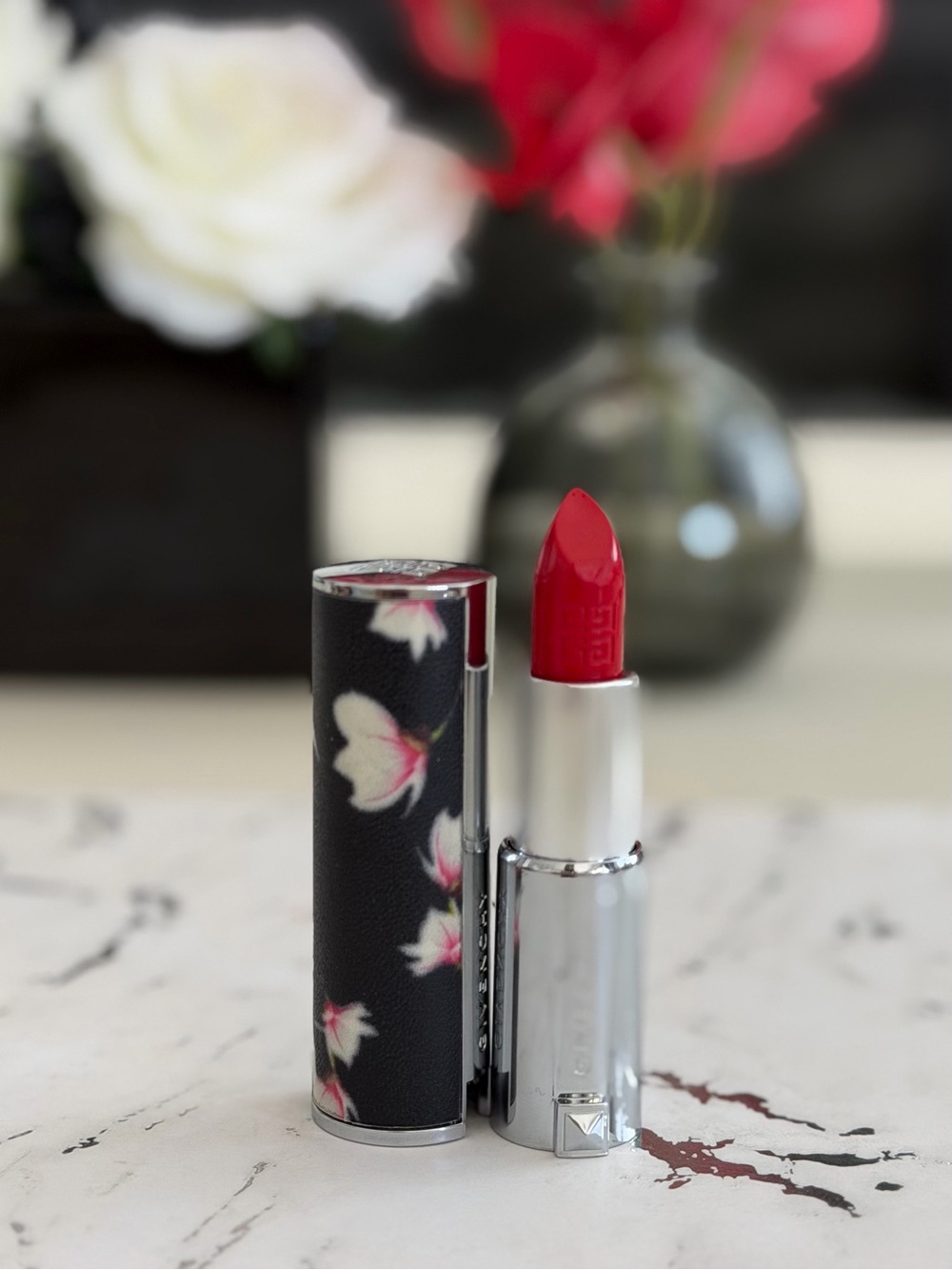 LE Givenchy Red Lipstick Carmin #306 with Floral-Print Case